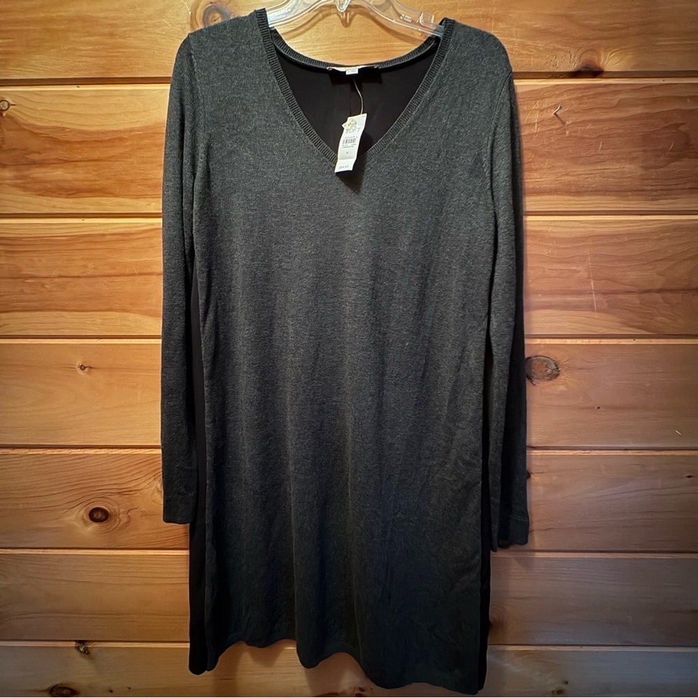 LOFT Gray Casual Midi Sweater Dress with Long Sleeves and V-Neck